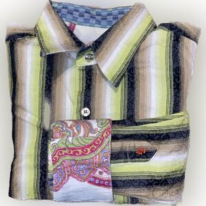 Robert Graham Men’s Large Vertical Striped Button Down Paisley Cuffs Green Black